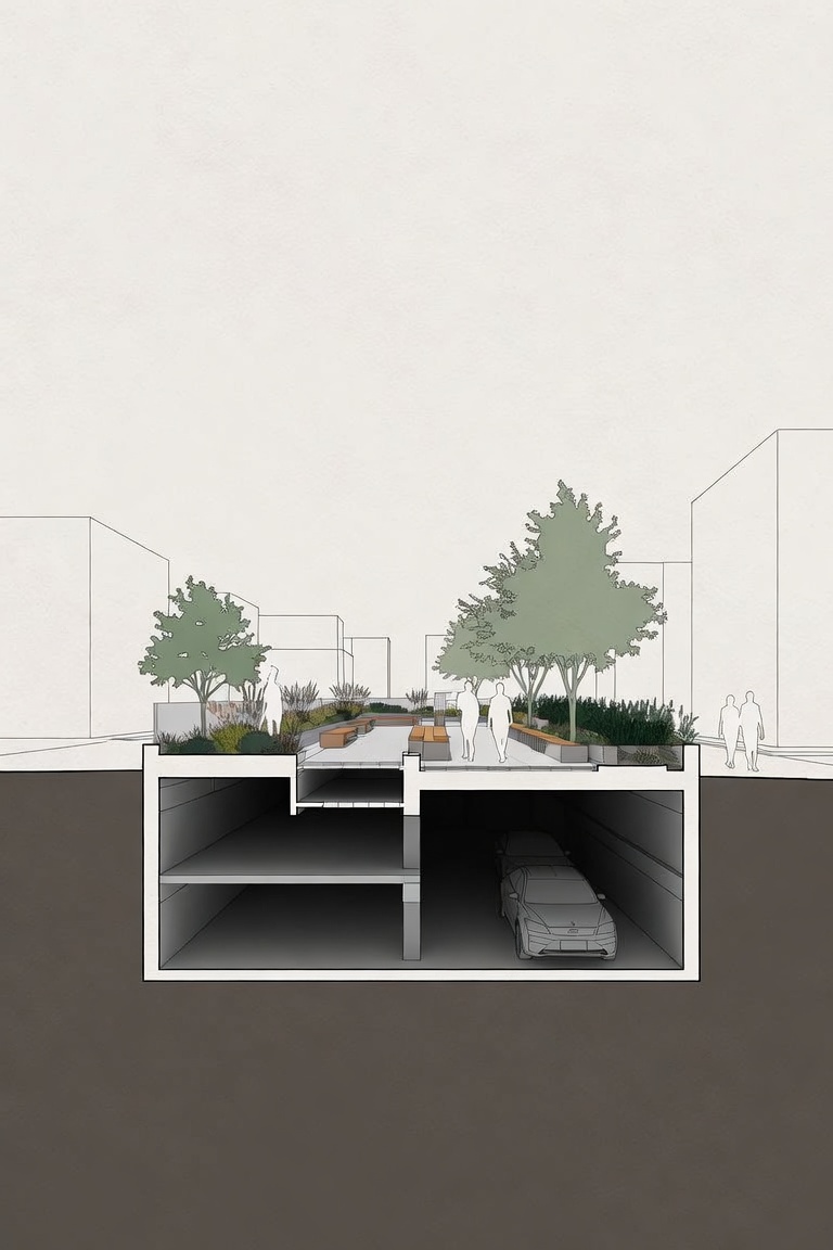 Ilustración en sección de una cubierta ajardinada sobre un aparcamiento: jardín en altura con árboles, arbustos y bancos sobre las dos plantas de aparcamiento.